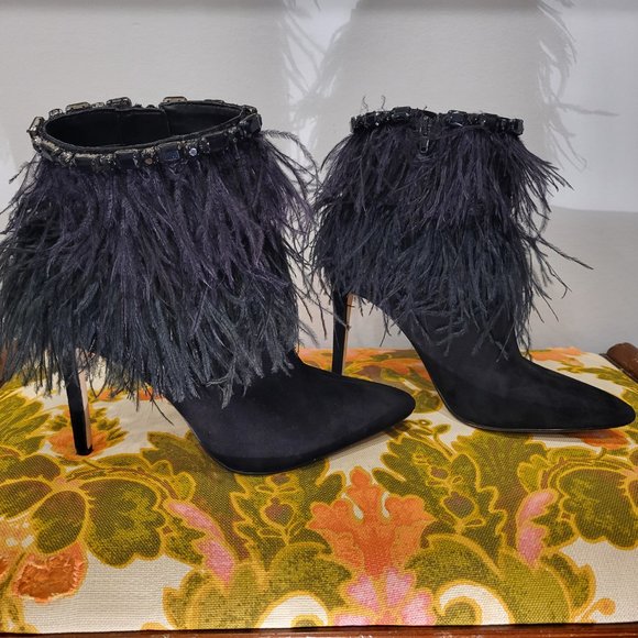 Jessica Simpson Black Suede Ostrich Feather Ankle Boots Size 8.5 Beaded - Picture 10 of 10